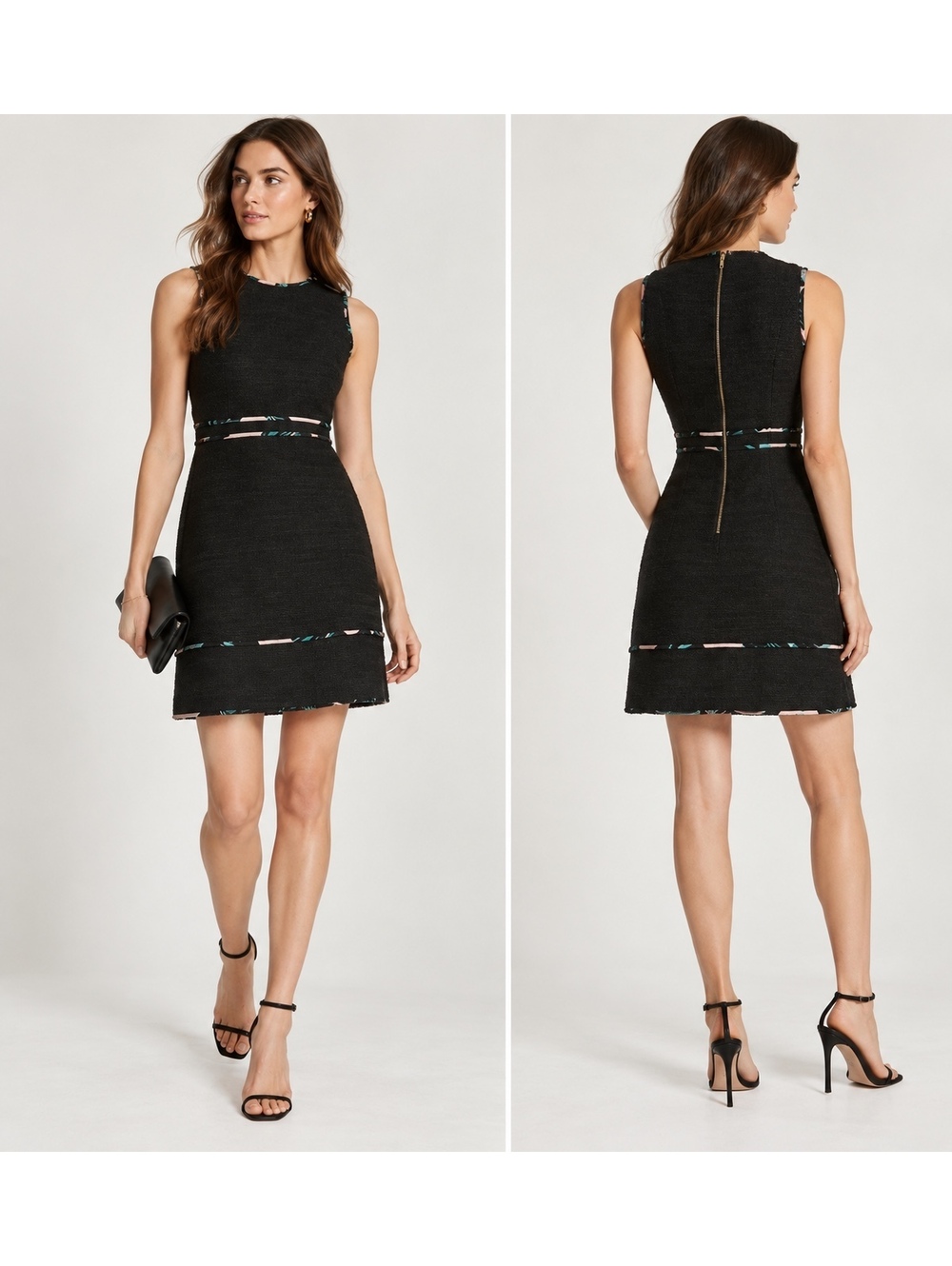 KATE SPADE Black Tweed Blossom Floral Trim A-Line Mini LBD Cocktail Dress Sz 10